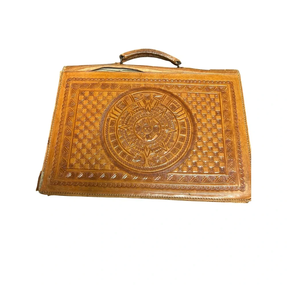 Vintage Mexican Hand Tooled Leather Briefcase Aztec Calendar Eagle Satchel Bag